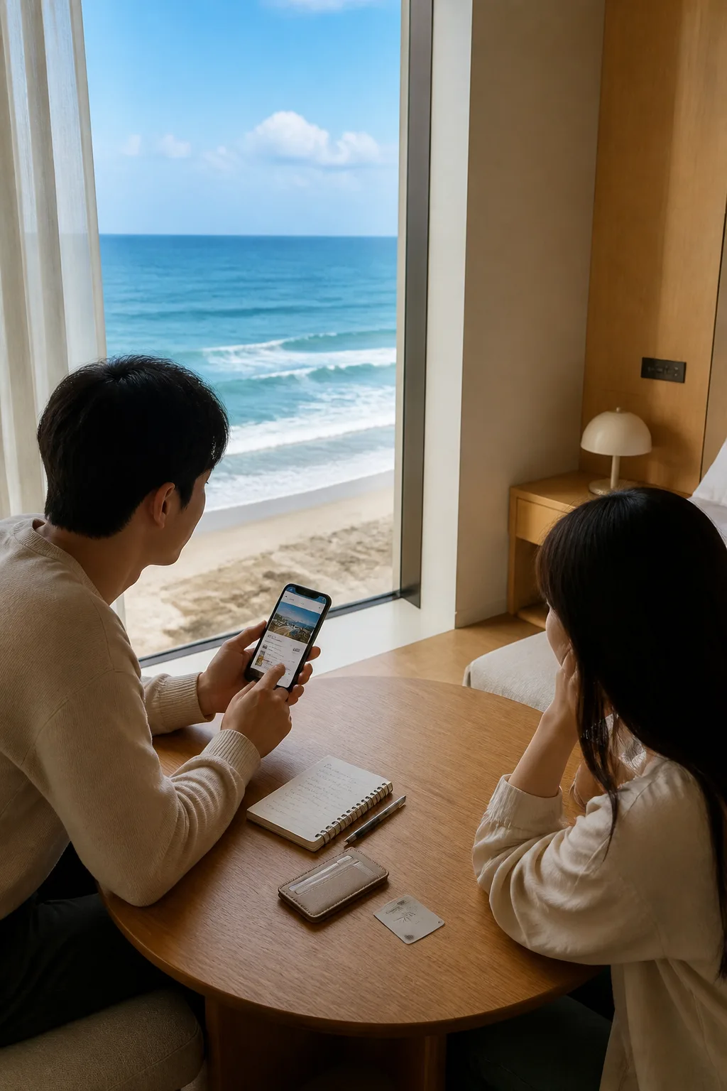 강릉리조트 객실에서 바다를 보며 예약 조건과 여행 비용을 확인하는 모습