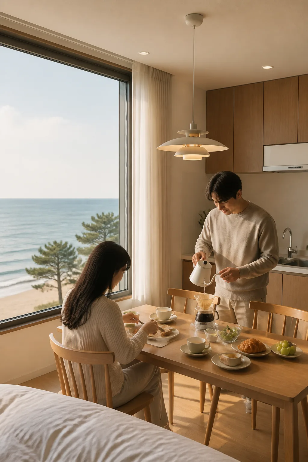 강릉리조트 객실 주방과 식탁에서 바다를 보며 아침 식사를 준비하는 모습
