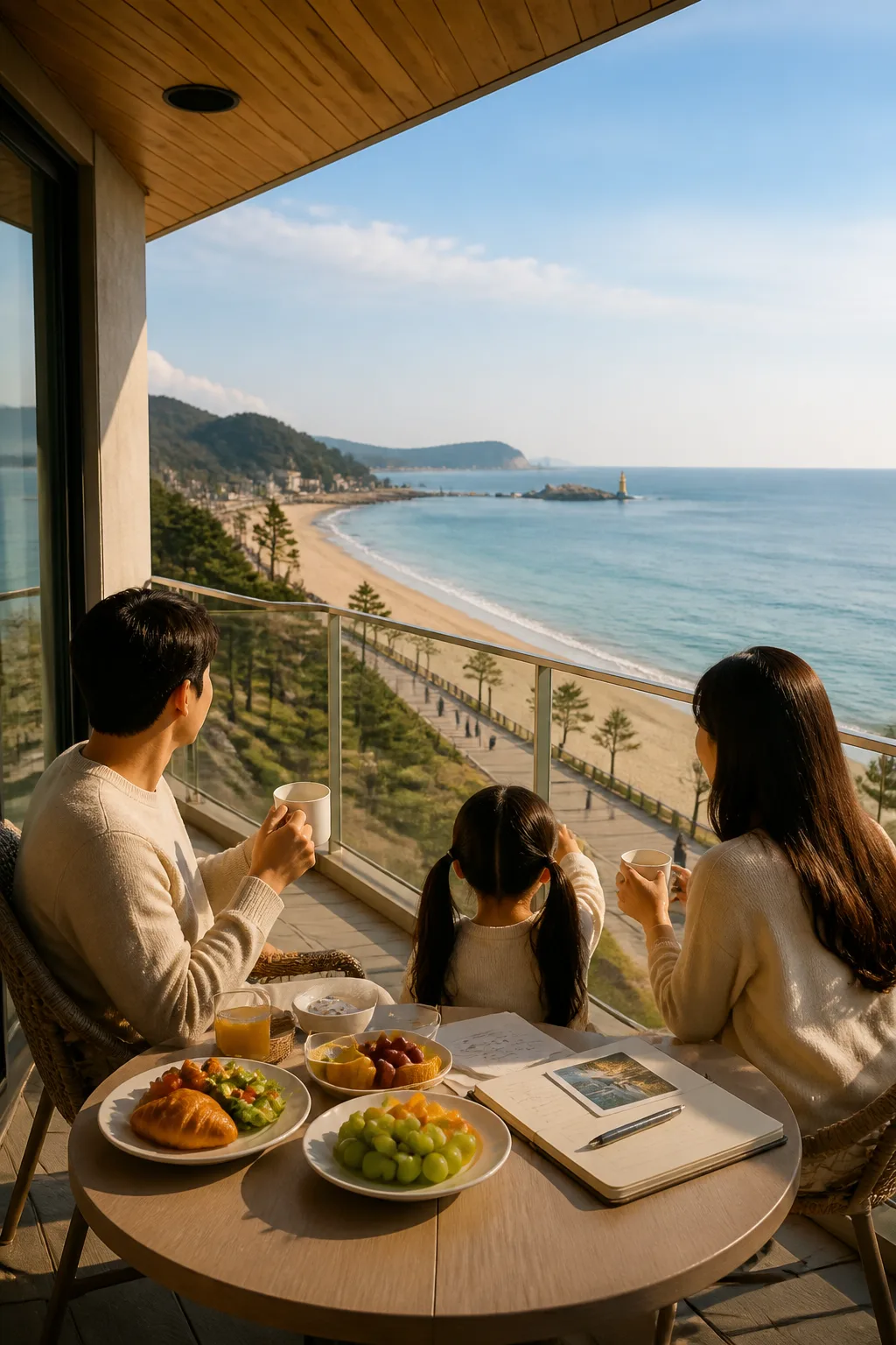 바다를 바라보는 강릉리조트 테라스에서 조식과 휴식을 즐기는 여행객