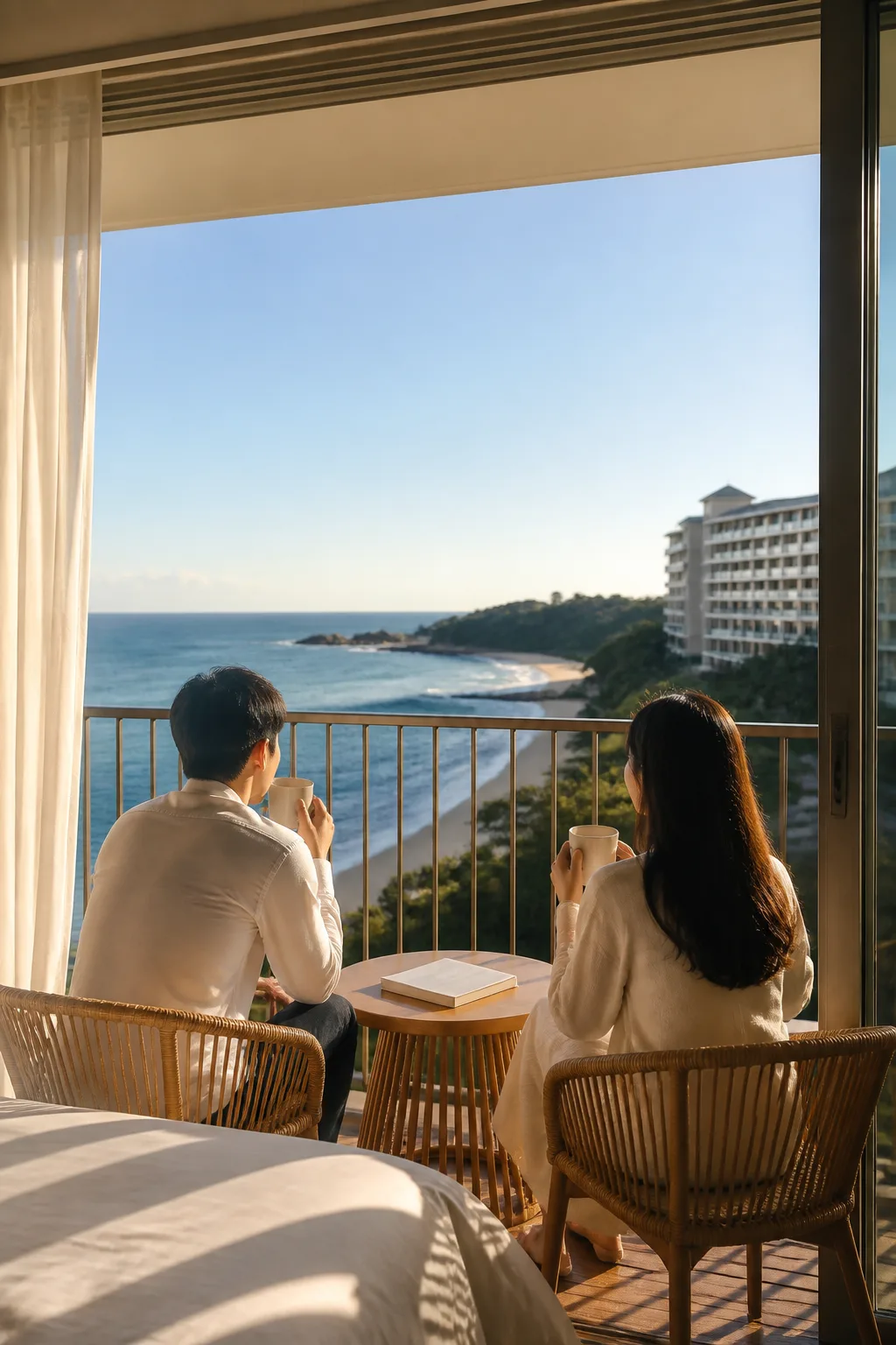 강릉리조트에서 바다 관광과 숙소 휴식을 함께 계획하는 가족 여행 장면