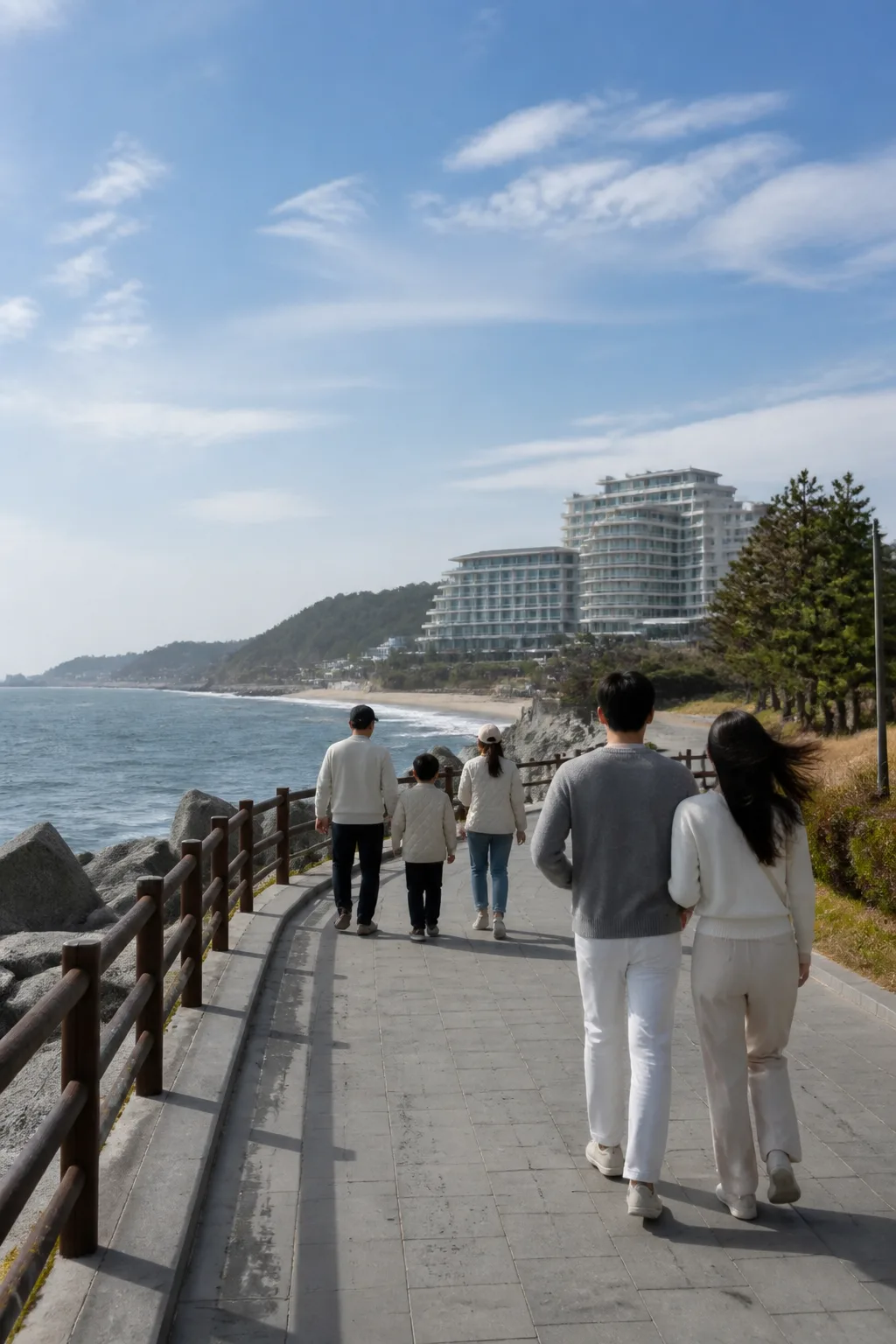 해안 산책로와 리조트가 보이는 강릉리조트 여행 풍경