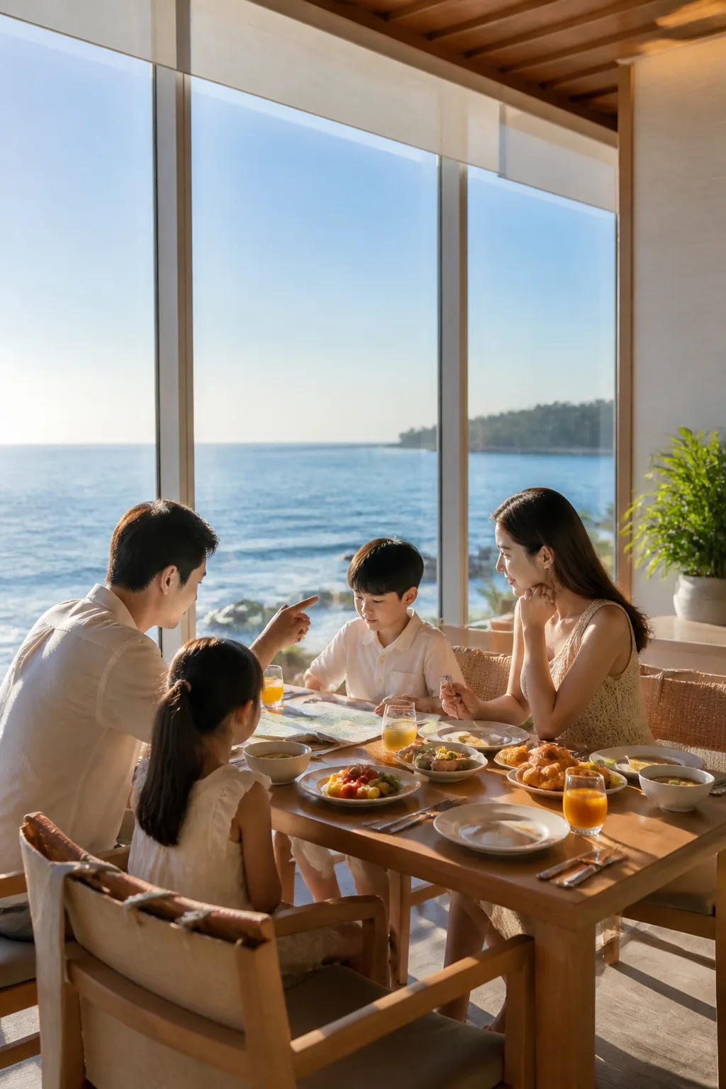 동해 바다가 보이는 강릉리조트 조식 공간에서 가족과 커플 여행자가 아침 식사를 하는 모습