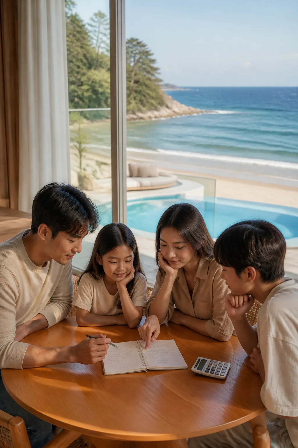 강릉리조트 객실에서 가족과 커플이 조식·수영장·주차·이동비를 함께 정리하는 모습