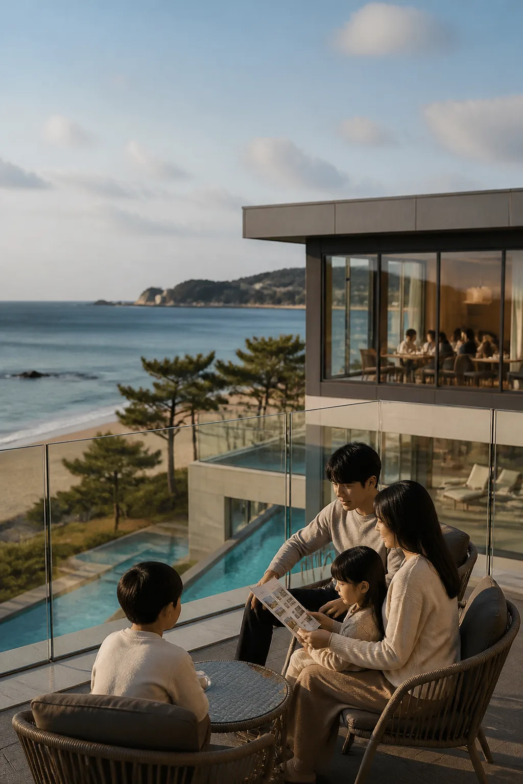 가을 강릉 바다를 바라보며 리조트 시설 운영을 확인하는 여행객 모습