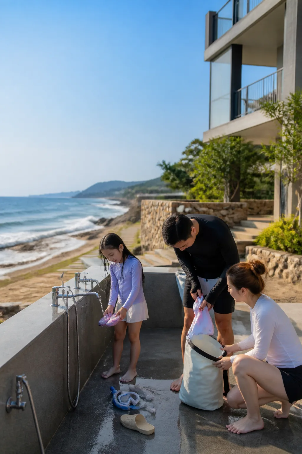 강릉리조트에서 해변 물놀이 후 젖은 수영복과 장비를 정리하는 가족 여행 장면