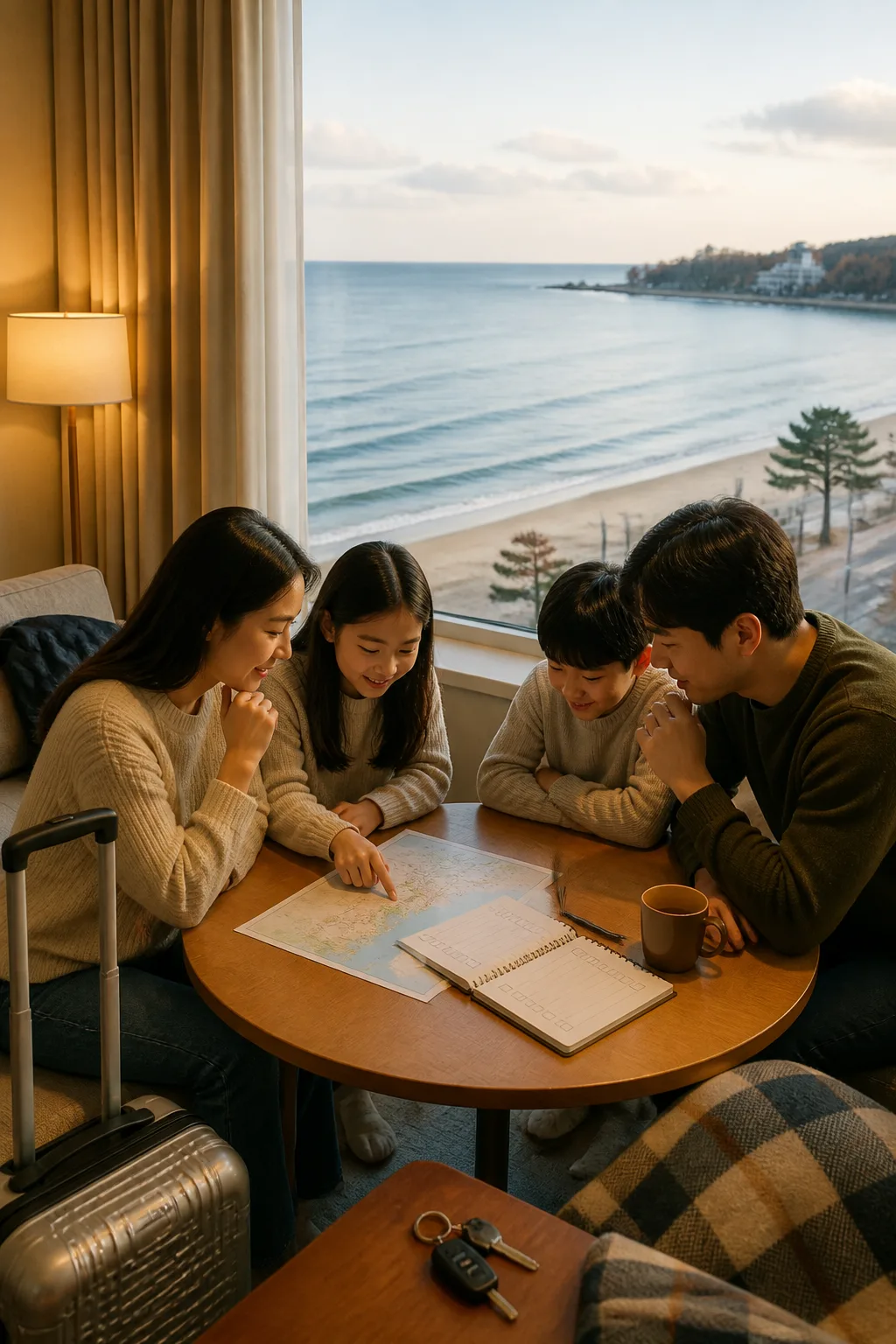 강릉리조트에서 가족과 커플 여행자가 조식·수영장·주차·관광 일정을 확인하는 모습